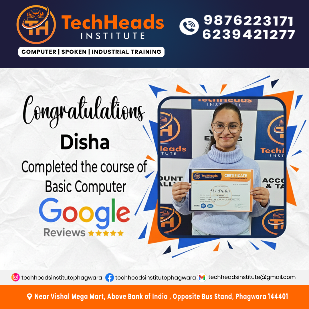 Disha - Basic Computer Course Student at TechHeads Computer Institute Phagwara